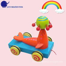 Kids Funny Play Wooden Sea Lion Pull Along Cart Toy for Toddler